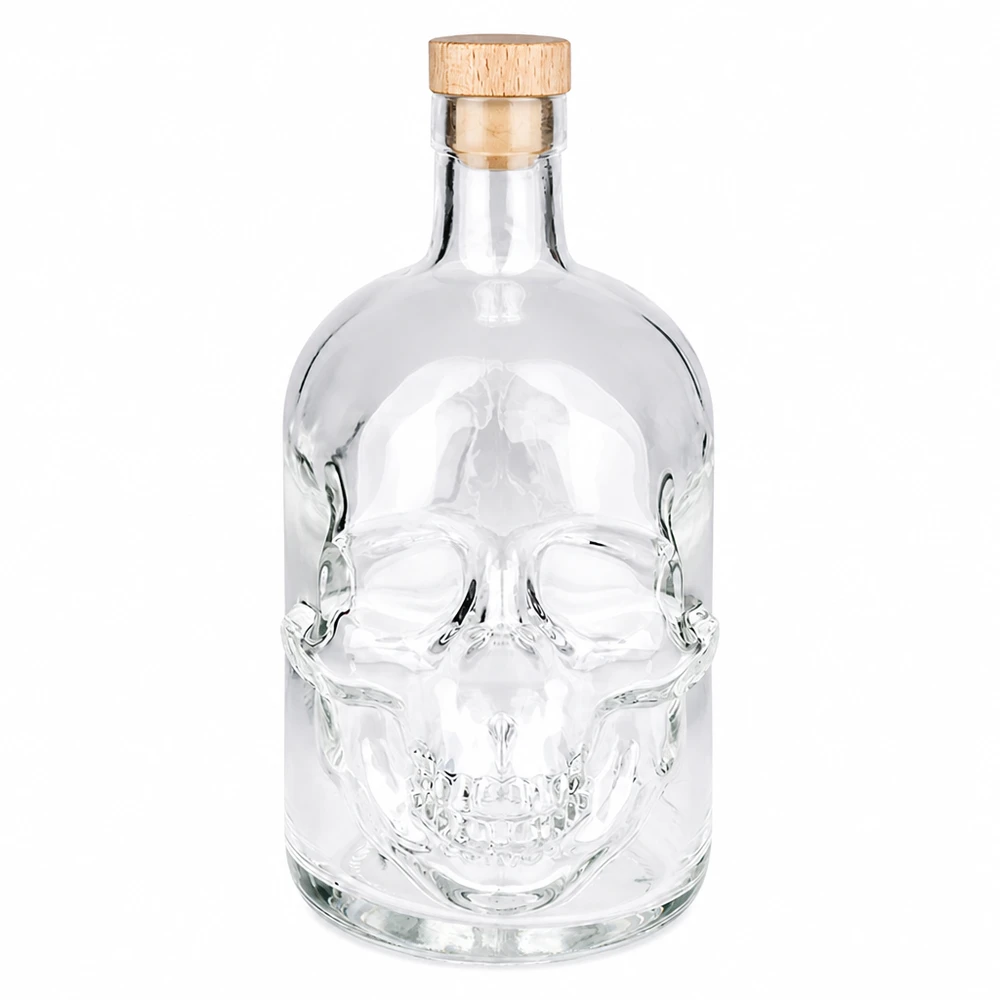 Bottiglia in vetro da 700 ml Jack con tappo in sughero con impugnatura in legno UNiTWIST® 700ml Glasflasche Jack mit Totenkopf-Design und Holzkorken, leere Spirituosenflasche aus klarem Glas