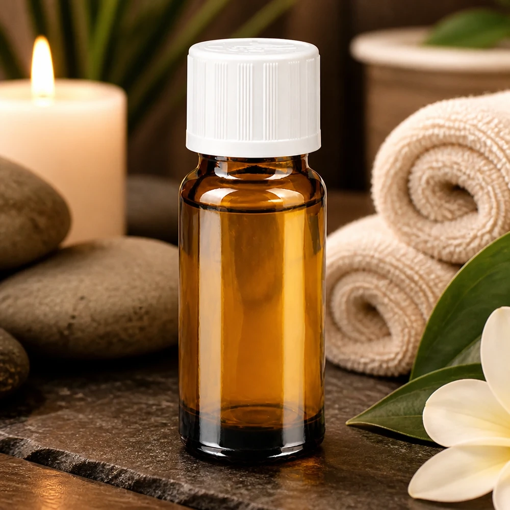 Flacon de pharmacie brun 10ml bouchon vissable blanc sécurité enfant Flacon de pharmacie brun de 10 ml avec bouchon de sécurité enfant blanc, sur fond « spa » avec une bougie