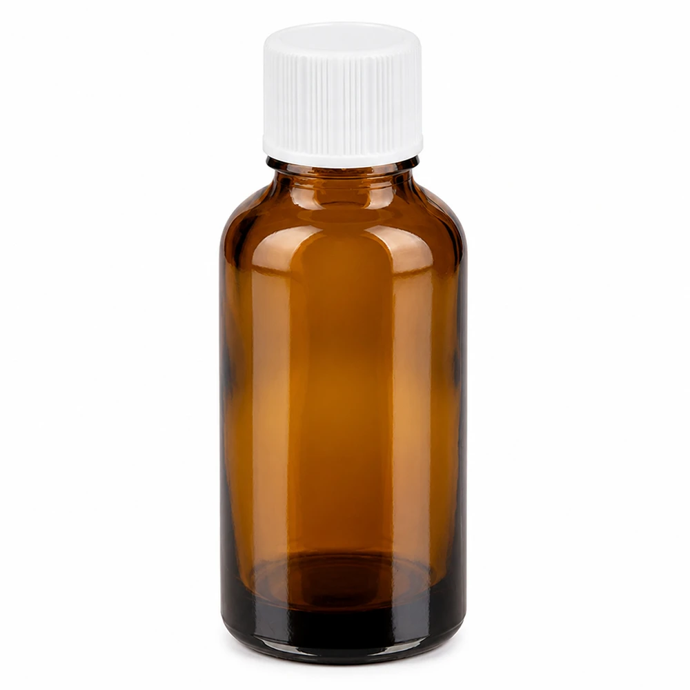 Flacone in vetro ambrato di alta qualità da 30 ml con tappo a vite bianco antiscivolo