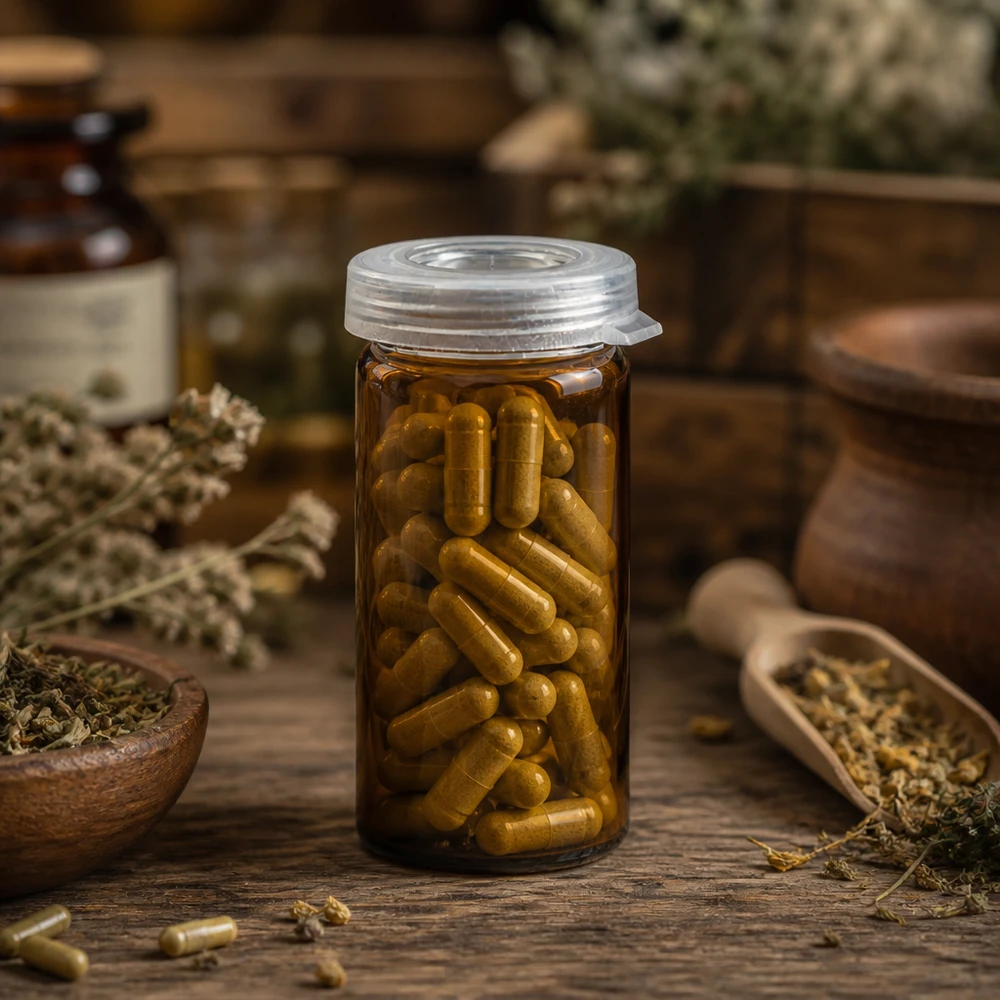 Tabletten/Rollrandglas 5ml klar mit Schnappdeckel Kräuterkapseln in durchsichtigem 5ml Rollrandglas mit Schnappdeckel in natürlicher Apothekenoptik