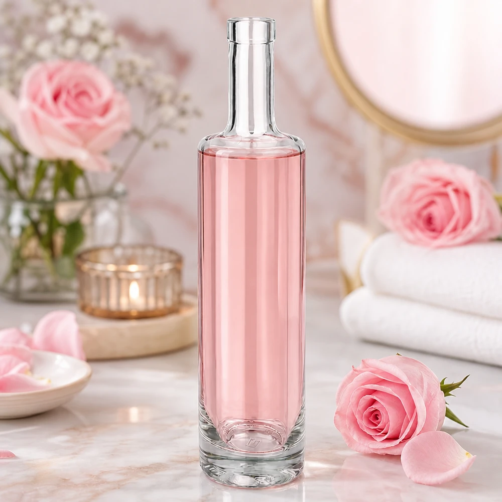 Bottiglia in vetro Lina da 500 ml con contenuto rosa in un'atmosfera romantica da spa con rose rosa e decorazioni benessere