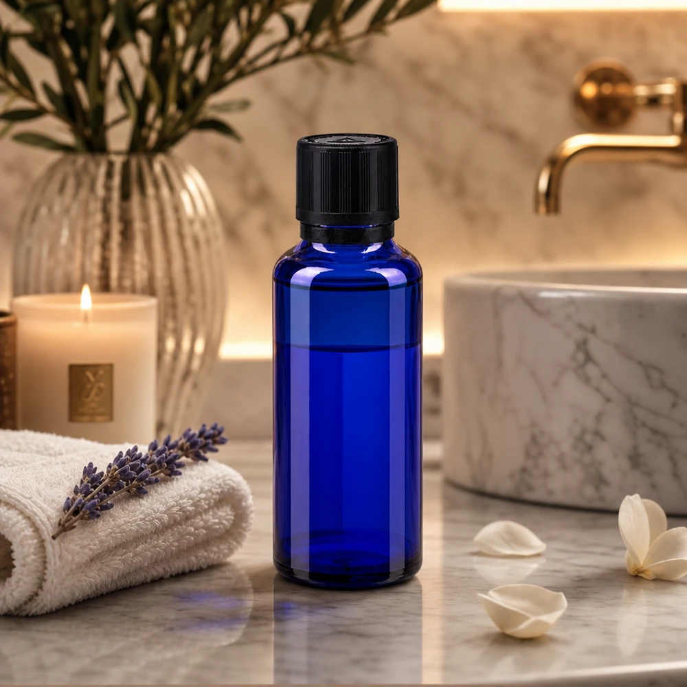 flacon à pharmacie bleu 30ml bouchon inviolable 1mm noir séc. enf. ada.a.ave. bouchon inviolabilité Flacon en verre bleu de 30 ml muni d'un bouchon de sécurité noir, posé sur du marbre à côté de pétales blancs