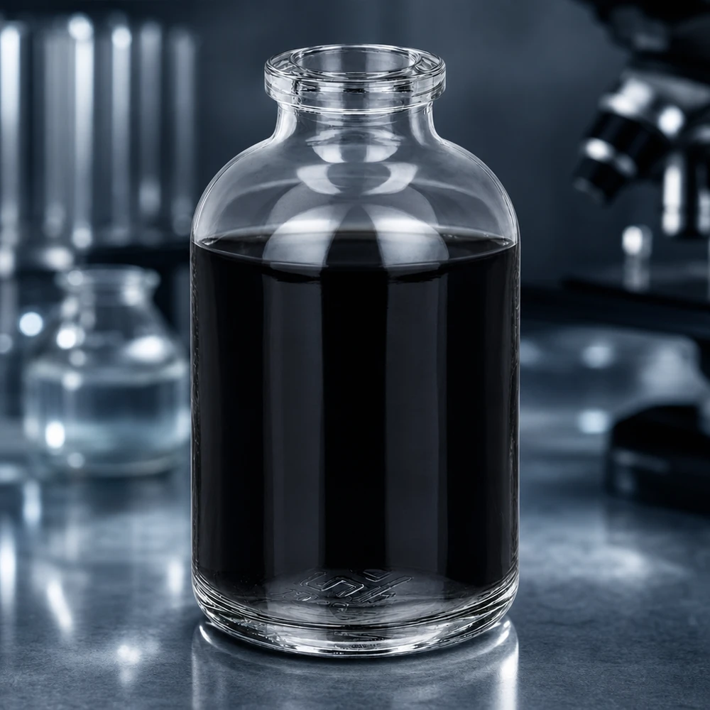 Injektionsflasche Klarglas 50ml Hochwertige Klarglas Injektionsflasche 50ml mit schwarzem Reagenz im wissenschaftlichen Labor