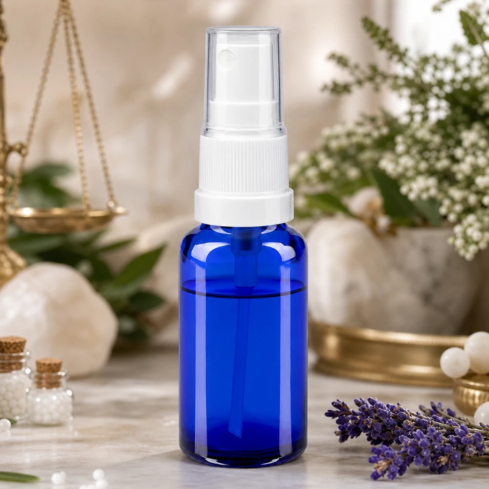 Blaue 20ml Flakon aus Apothekerglas mit transparenter Kappe für Gesichtswasser und Seren
