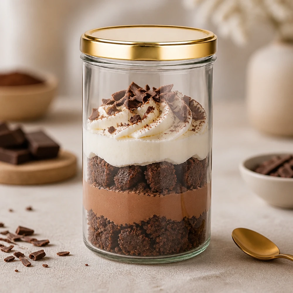 Bicchieri da 277 ml con coperchio dorato UNiTWIST come bicchiere da dessert per tiramisù al cioccolato con panna e cacao