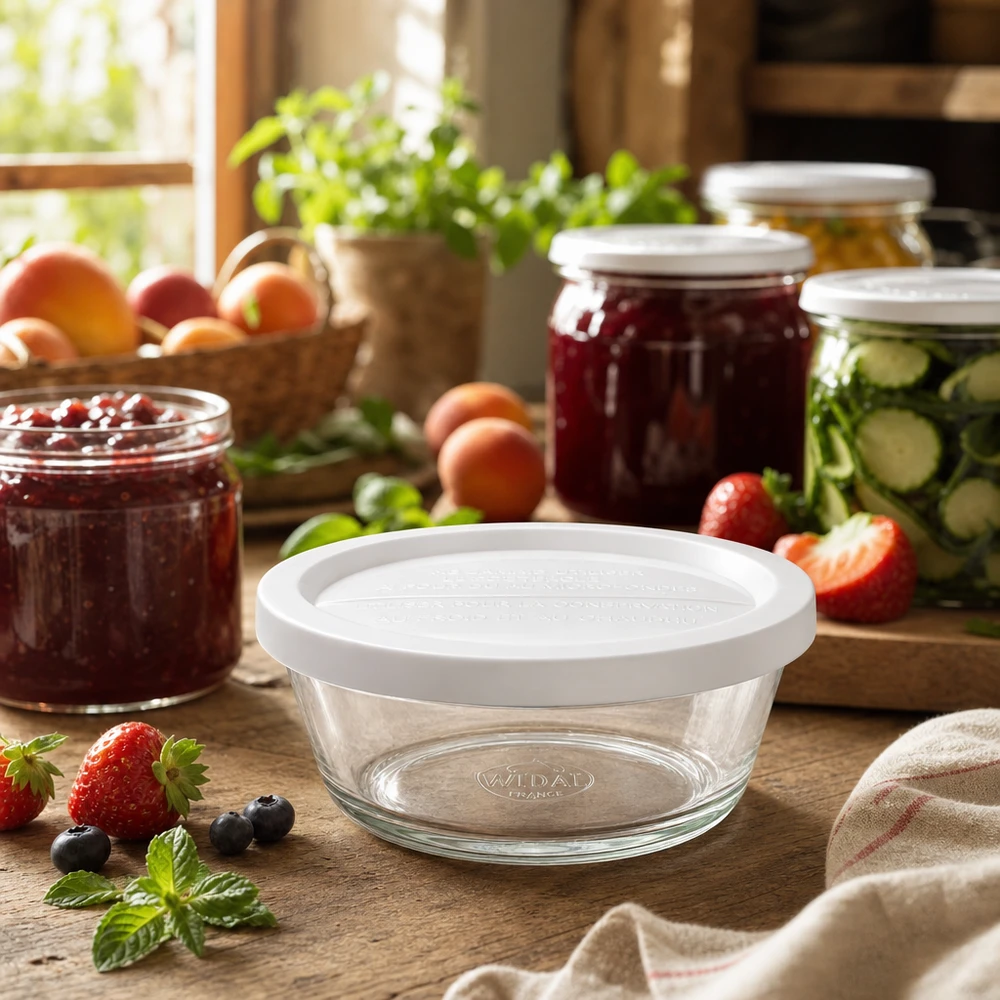 300ml bocal gourmet avec couvercle fraîcheur WECK RR120 WECK Gourmetglas RR120 in gemütlicher Küche mit Einmachgläsern und frischen Früchten für moderne Vorratshaltung