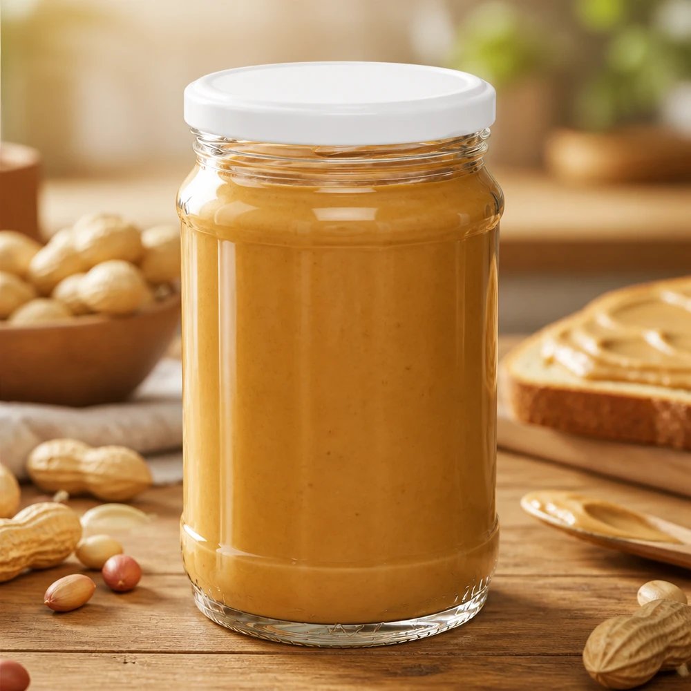 Erdnussbutter im 370ml Rundglas von UNiTWIST mit BasicSeal Verschluss neben frischen Erdnüssen