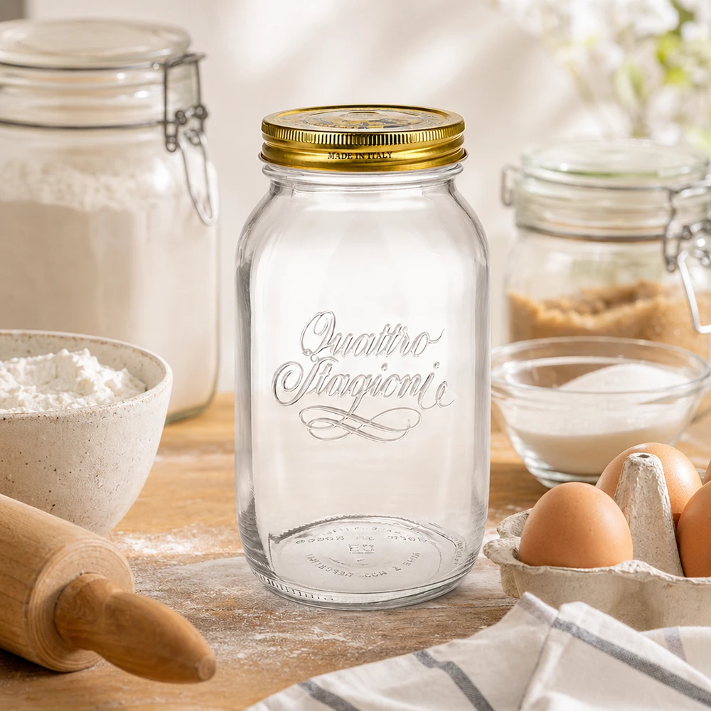 Quattro Stagioni 1500ml Einmachglas in Backstube mit Mehl Eiern Nudelholz italienisches Konservenglas Küchenutensilien