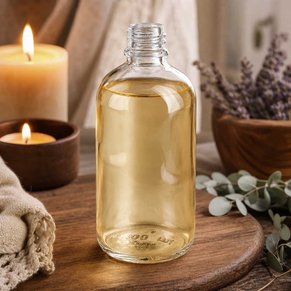Flacon à pharmacie 100ml ClearLine DIN18 UNiTWIST Flacon en verre transparent ClearLine DIN18 de 100 ml contenant de l'huile claire, posé sur une planche en bois à côté de la lavande et de bougies
