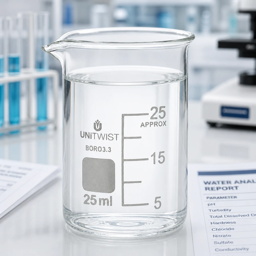 Bicchiere di vetro UNiTWIST da 25 ml a forma bassa con rapporto di analisi dell'acqua e microscopio in laboratorio