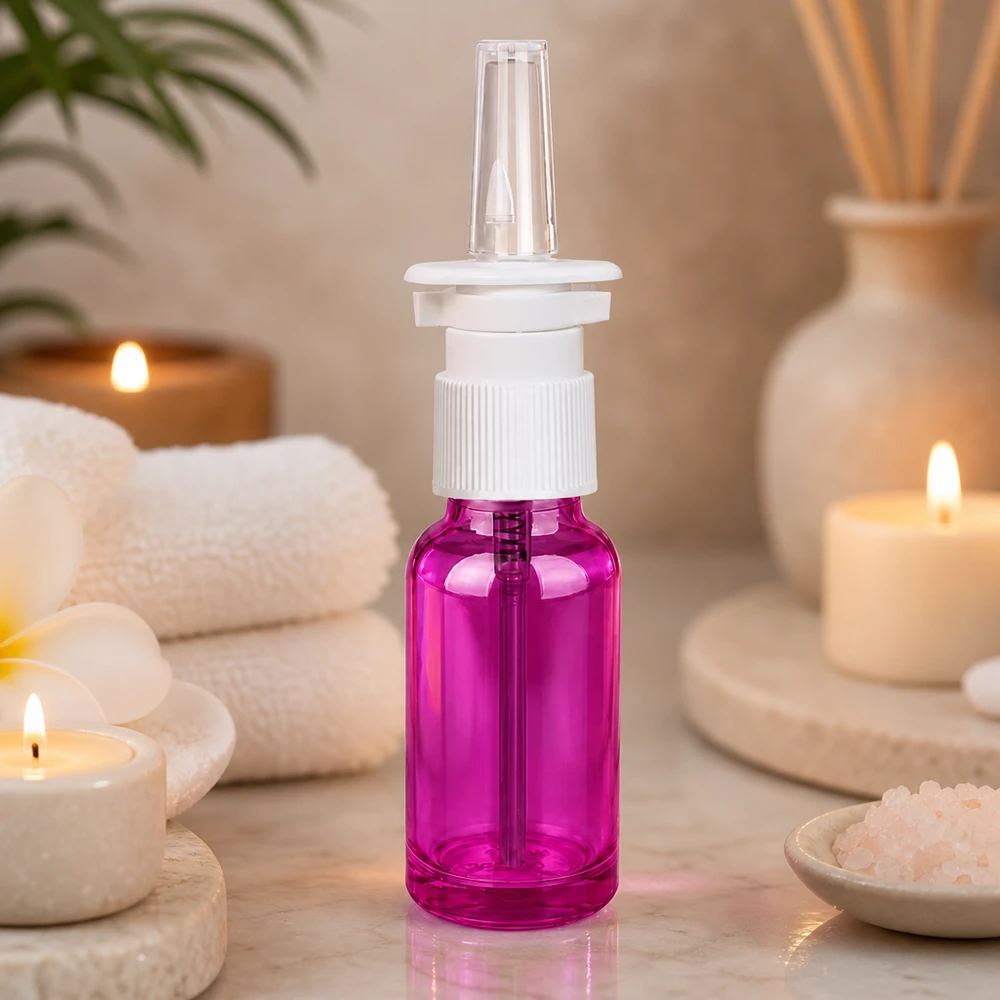 20ml Nasensprayflasche weiß/transparent Standard PurpleLine. UT18/20 Medizinische 20ml Nasensprayflasche in violetter Farbe mit steriler Sprühfunktion und UT18/20 Gewinde