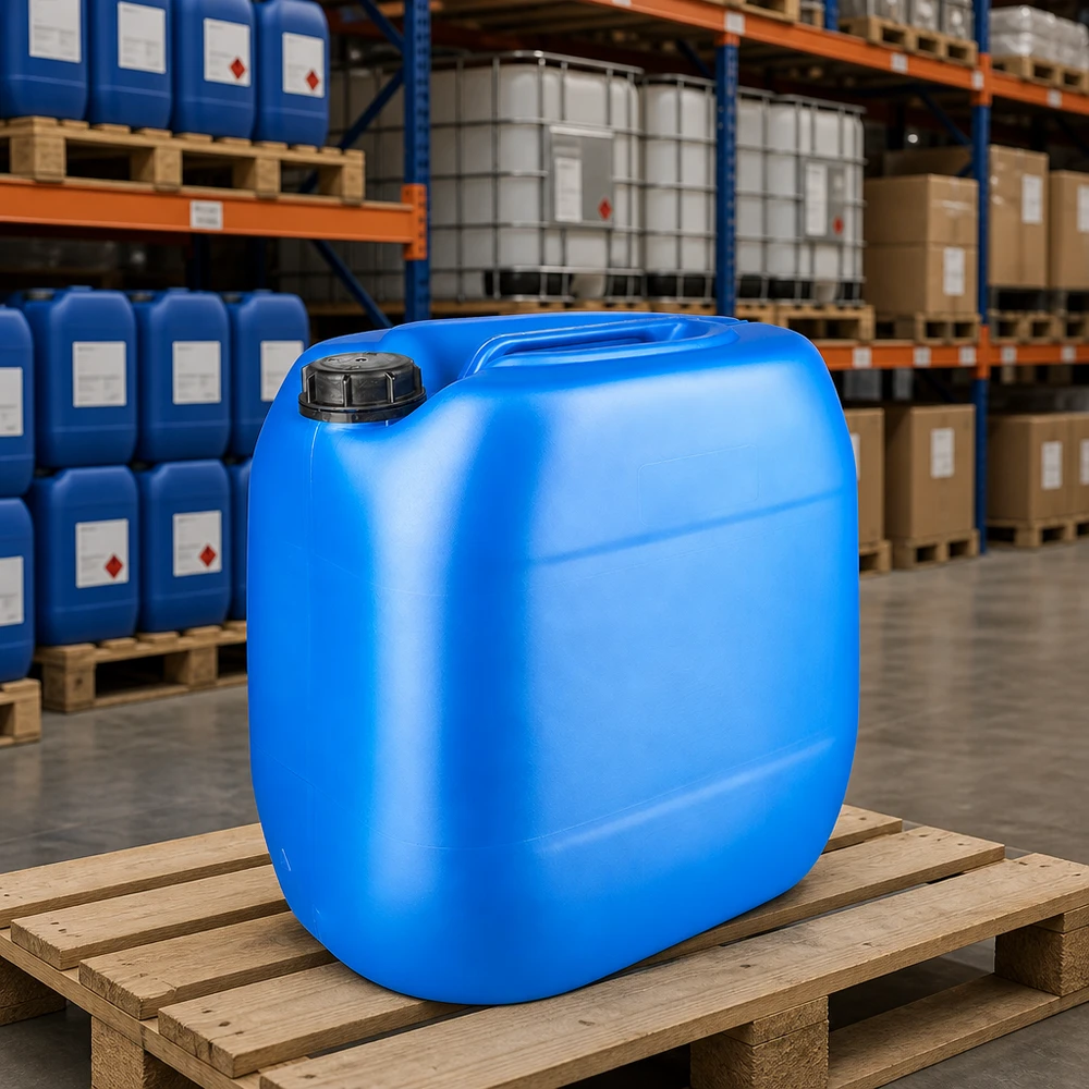 Kanister 30 Liter blau mit Schraubverschluss Originalitätsverschluss Blauer 30-Liter-Kanister mit Schraubverschluss OV für Chemikalien im Hochregallager