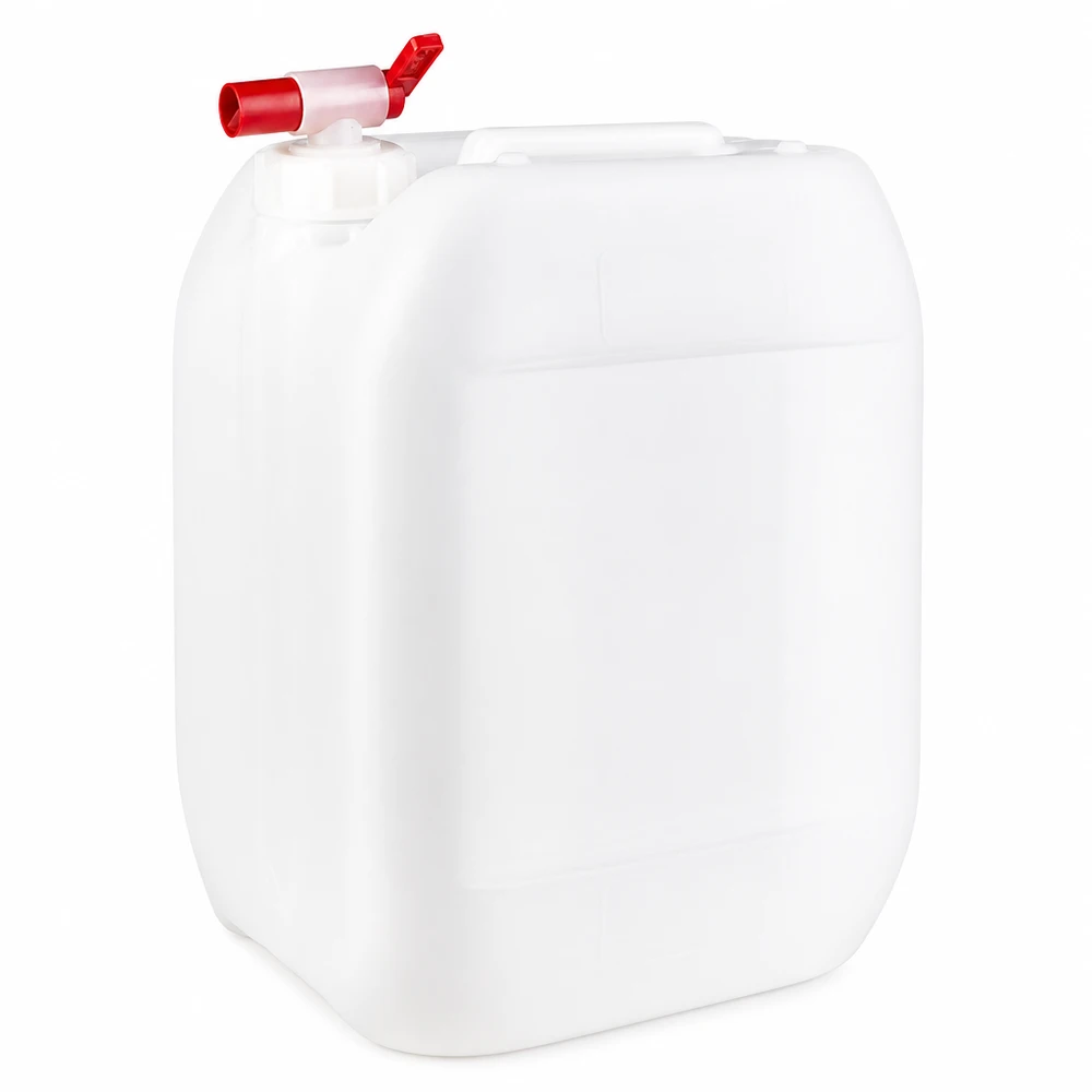 Weißer quadratischer 10 Liter Kanister mit Schraubverschluss und Auslaufhahn