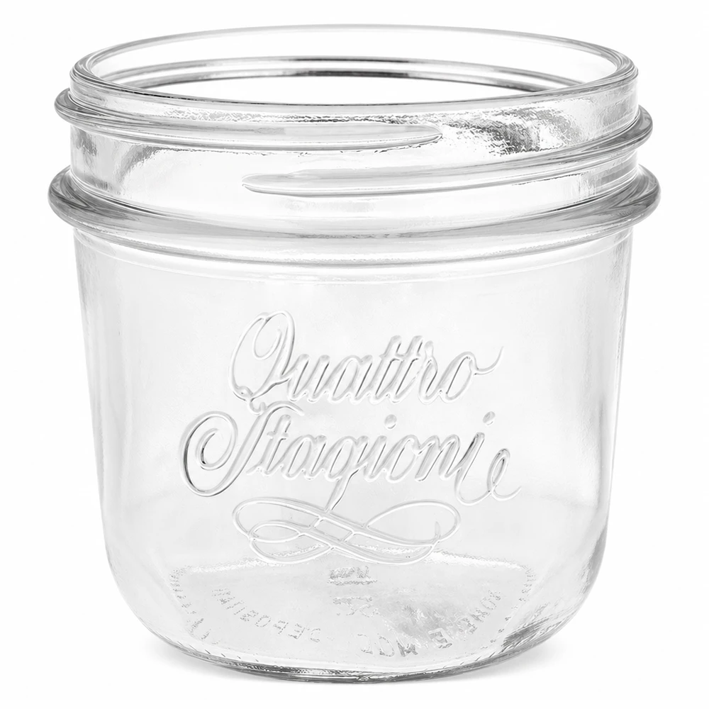 Barattolo Quattro Stagioni da 200 ml in vetro trasparente con logo in rilievo, senza coperchio, per la conservazione e lo stoccaggio