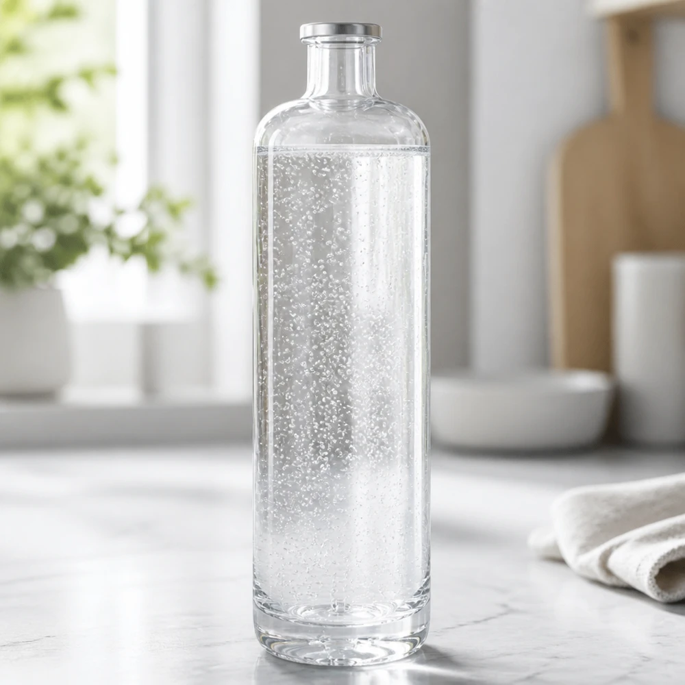 Bottiglia di vetro da 700 ml di Ella riempita con acqua minerale frizzante su un piano di lavoro della cucina di colore chiaro in un ambiente moderno