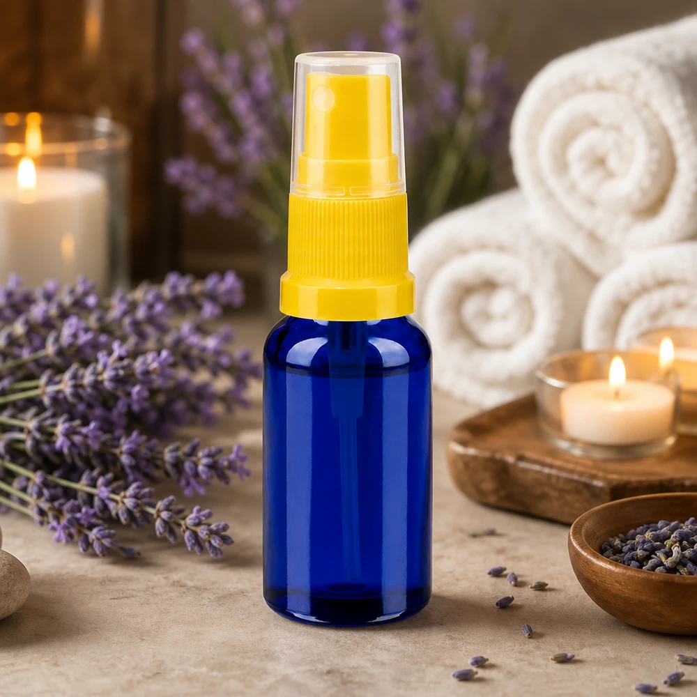 20ml Sprayflasche gelb/transparent Standardverschluss BlueLine UT18/20 20ml Flasche mit gelbem Sprühaufsatz STD BlueLine UT18/20 für Wellness Produkte
