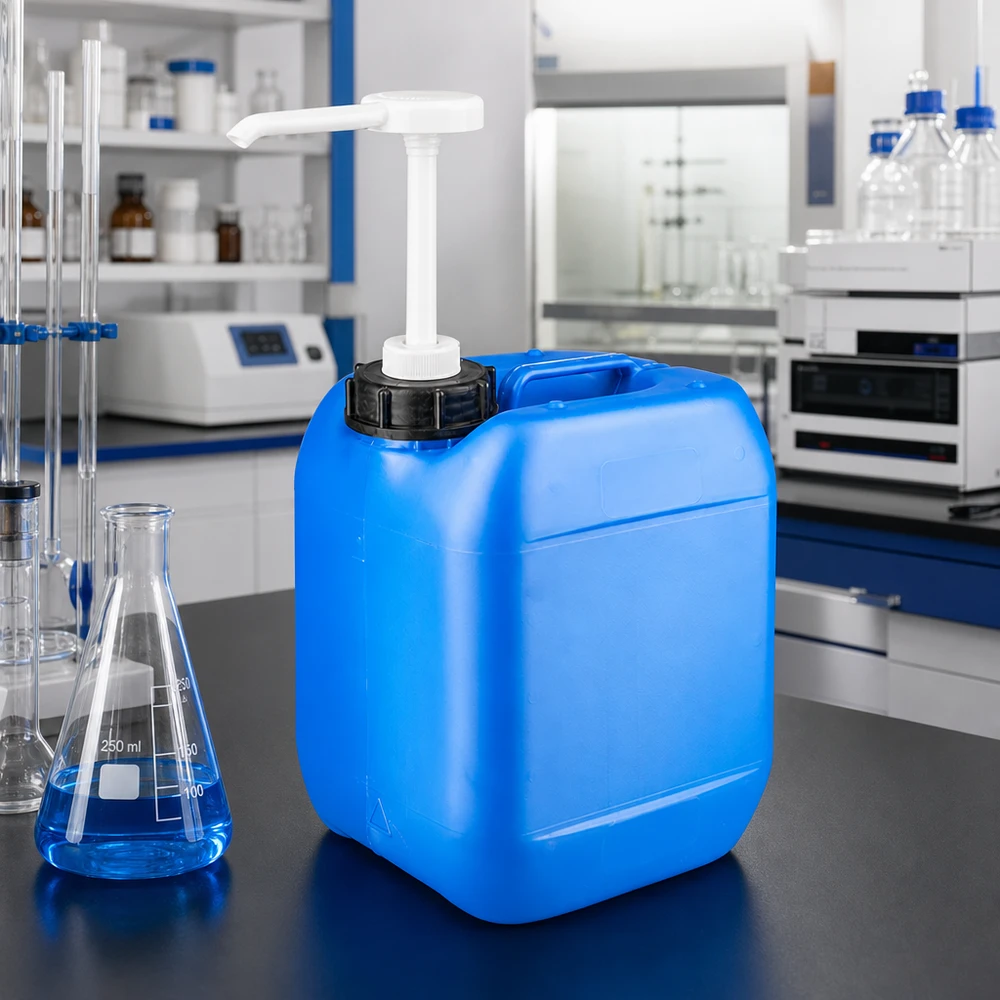 Kanister 5 Liter blau mit Dosierpumpe Blauer Vorratsbehälter 5 Liter mit integrierter Dosierpumpe und stabilem Griffbügel oben