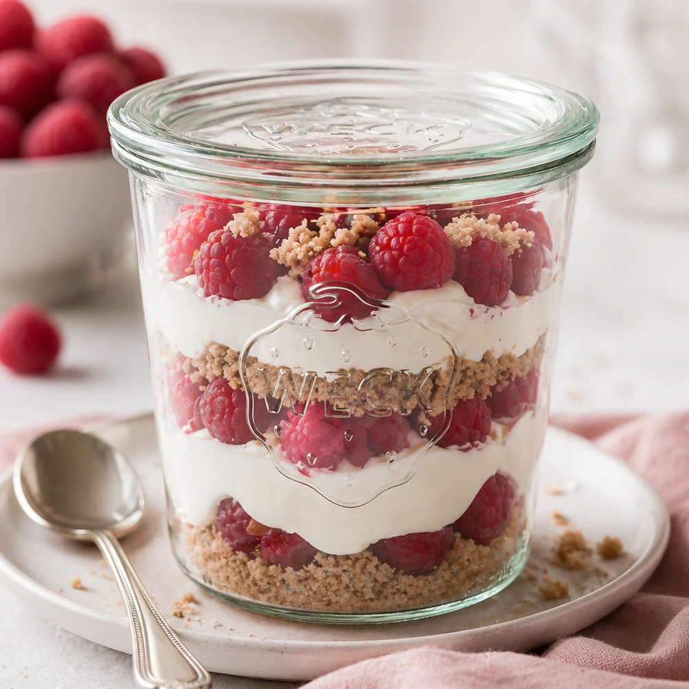 Bocal en verre de 580 ml avec couvercle en verre WECK RR100 WECK Sturzglas 580ml RR100 als Dessertglas mit Himbeer-Schichtdessert und Streuseln dekorativ angerichtet