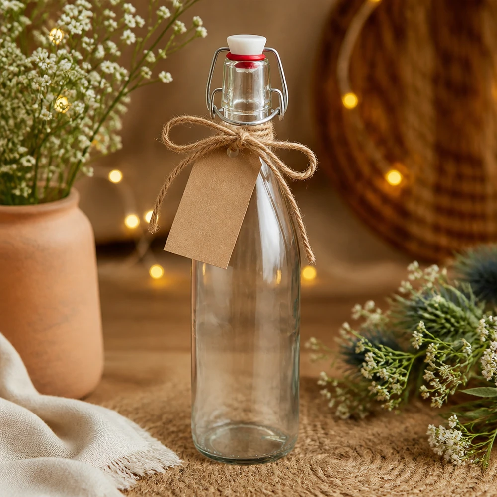 Bottiglia di vetro da 500 ml + tappo oscillante in porcellana UNITWIST Bottiglia in vetro 500ml swing top in porcellana come regalo, decorata con etichetta in carta kraft e cordino di juta