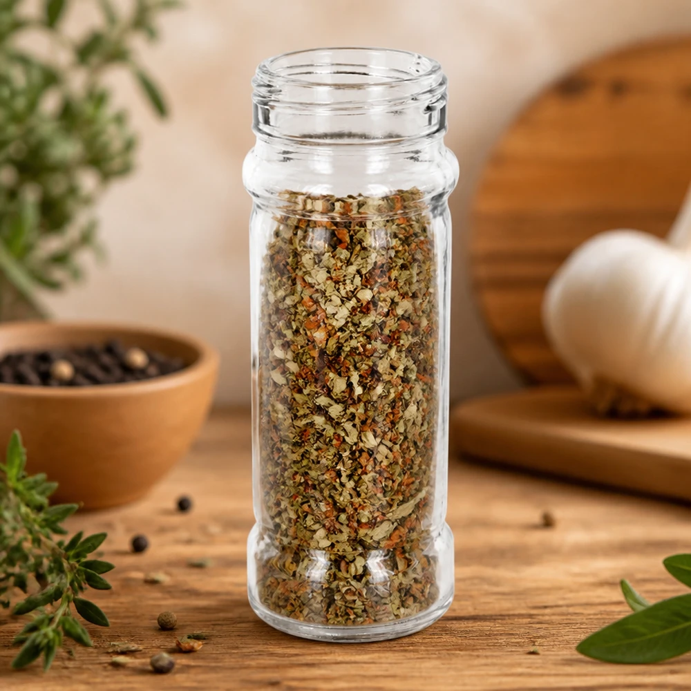Salz/-Gewürzglas Mary 100ml, Gewinde 41mm Klarglas Gewürzaufbewahrung im Glas Mary 100ml mit italienischen Kräutern in mediterraner Küchenatmosphäre