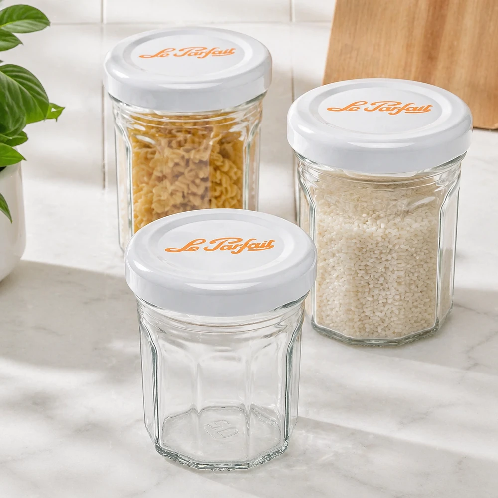 Le Parfait® Mini‑Jam 44 ml Ø48 mm vaso Set di mini tumbler Le Parfait da 44 ml con coperchi bianchi - uno vuoto, due pieni di riso e pasta