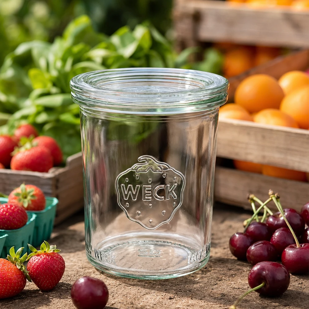 Bocal en verre de 160 ml avec couvercle en verre WECK RR60 WECK Sturzglas RR60 160ml leer auf Holztisch mit frischen Kirschen, Erdbeeren und Orangen für Einmachen