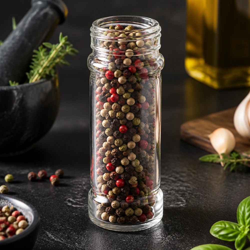 Bauchiges Klarglas Mary 100ml mit Gewinde in moderner dunkler Küchenszenerie