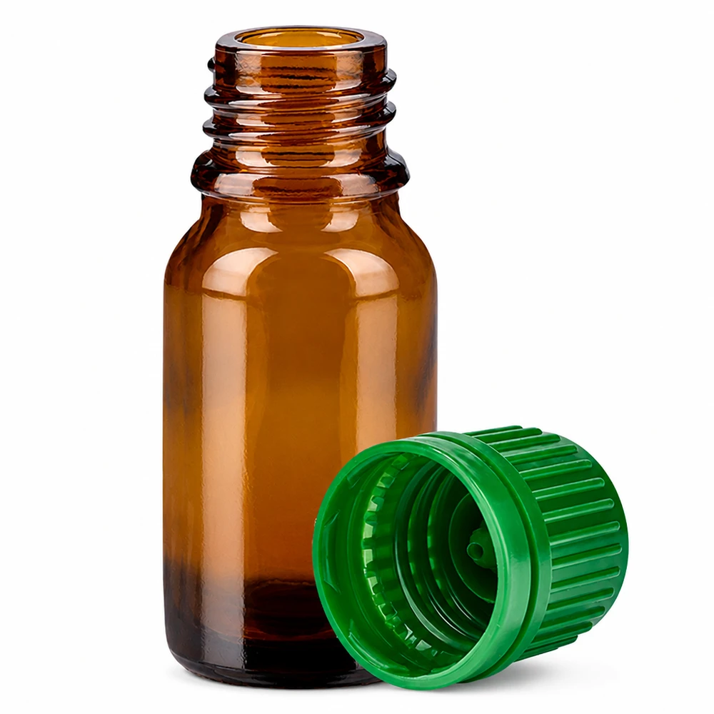 10ml Flasche 11mm Schraubverschluss grün Originalitätsverschluss BrownLine UT18/10 Robuste 10ml Braunglasflasche mit sicherem grünem Verschluss für Laboranwendungen