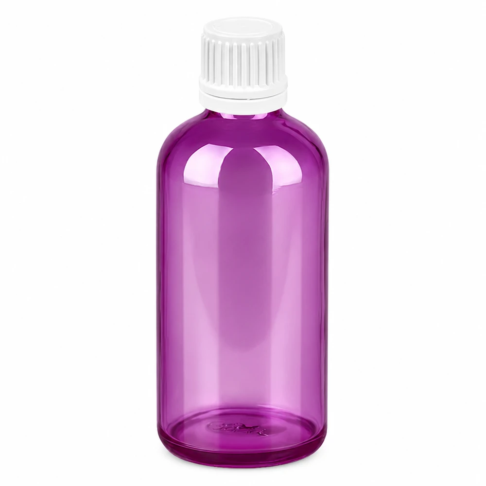 Bottiglia in vetro viola da 100 millilitri con tappo a vite bianco per cosmetici fai da te