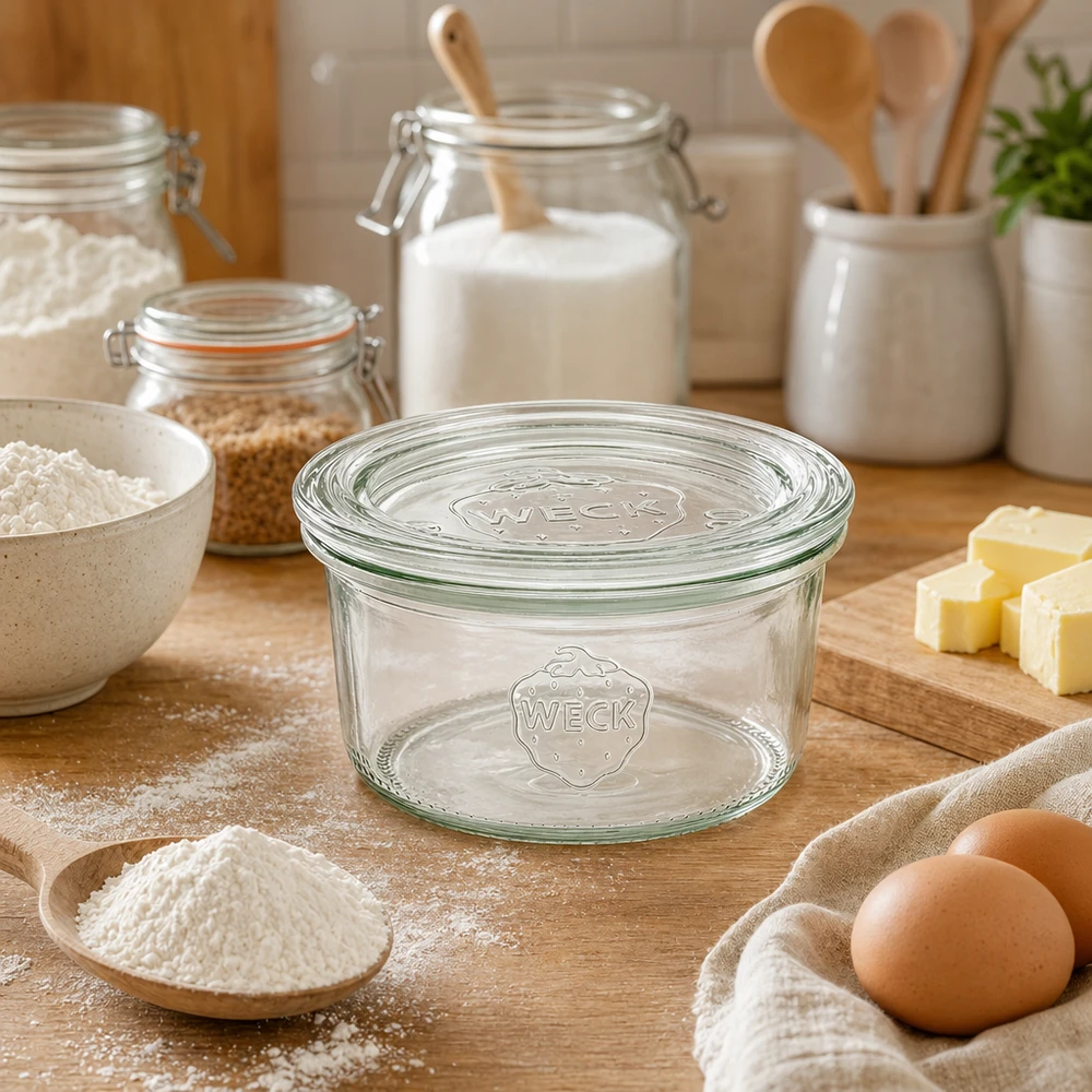 165ml Sturzglas mit Glasdeckel WECK RR80 WECK Sturzglas 165ml RR80 leer auf Holzbrett umgeben von Backzutaten wie Mehl Eiern Butter in Küche
