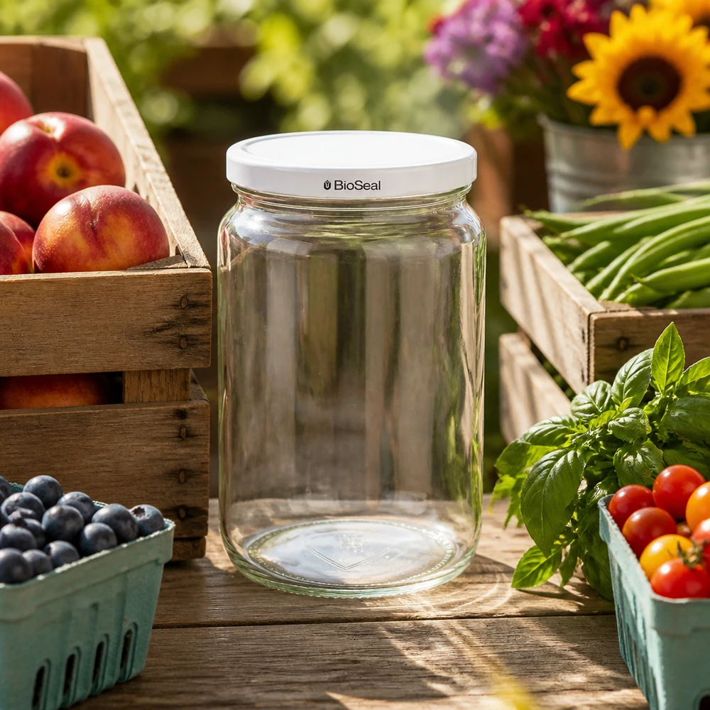 UNiTWIST Runda795 vaso da conserva vuoto con coperchio BioSeal bianco su tavolo di legno tra frutta e verdura fresca
