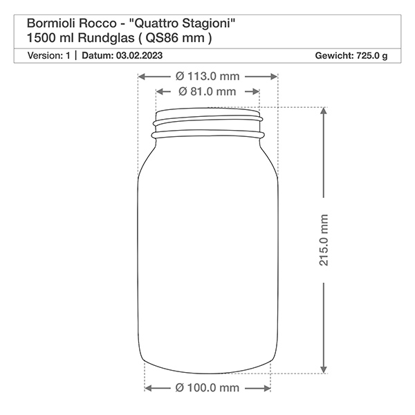 Barattolo rotondo "Quattro Stagioni" da 2000ml con coperchio Disegno tecnico Bormioli Rocco Quattro Stagioni 1500ml barattolo rotondo - Dimensioni e specifiche per barattolo di conservazione