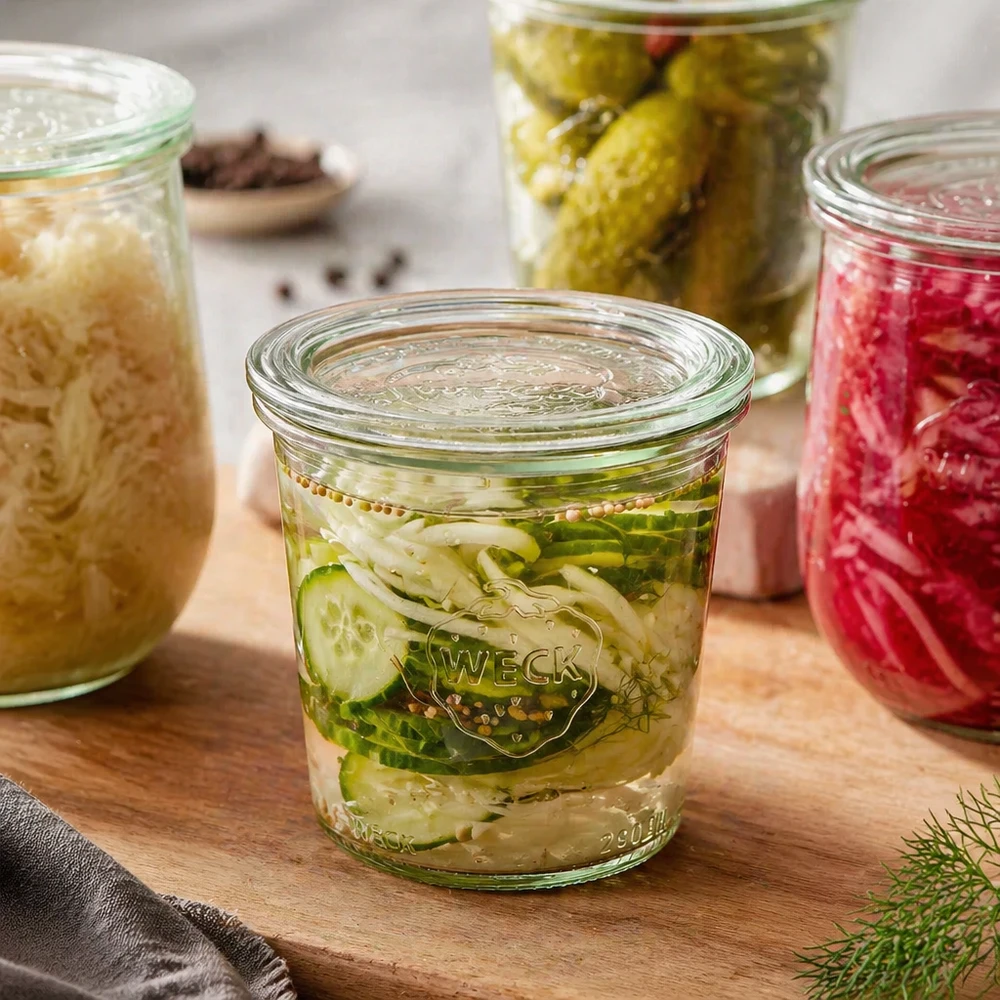 290ml Sturzglas hoch mit Glasdeckel WECK RR80 WECK Sturzglas 290ml RR80 mit eingelegten Gurken und Kräutern neben weiteren gefüllten Einmachgläsern auf Holzbrett