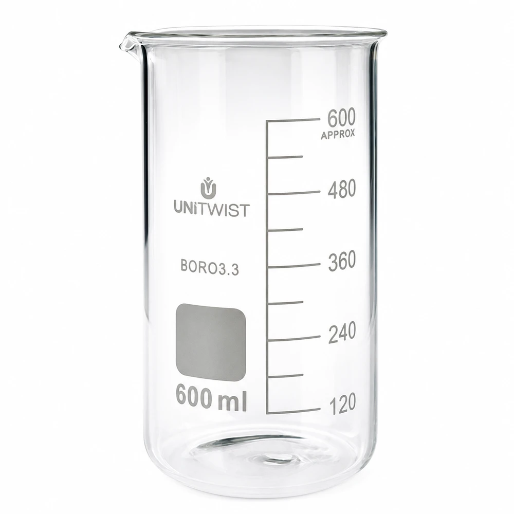 Bicchiere 600ml borosilicato, stampo alto UNITWIST Bicchiere da laboratorio da 600 ml, modello alto, in vetro borosilicato di UNITWIST, con scala in millilitri, trasparente