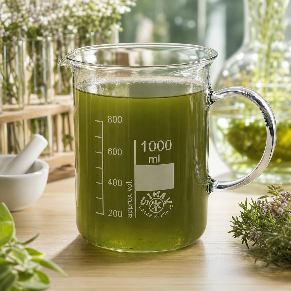 Bicchiere da 1000 ml in vetro borosilicato, con impugnatura Bicchiere da laboratorio da 1000 ml con manico, riempito con estratto di erbe verdi e circondato da erbe medicinali fresche