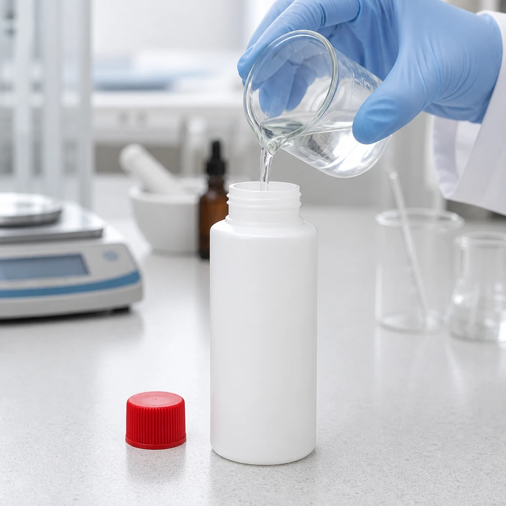 Remplissage d'un flacon pharmaceutique blanc en PEHD de 30 ml avec une solution transparente dans un laboratoire en salle blanche