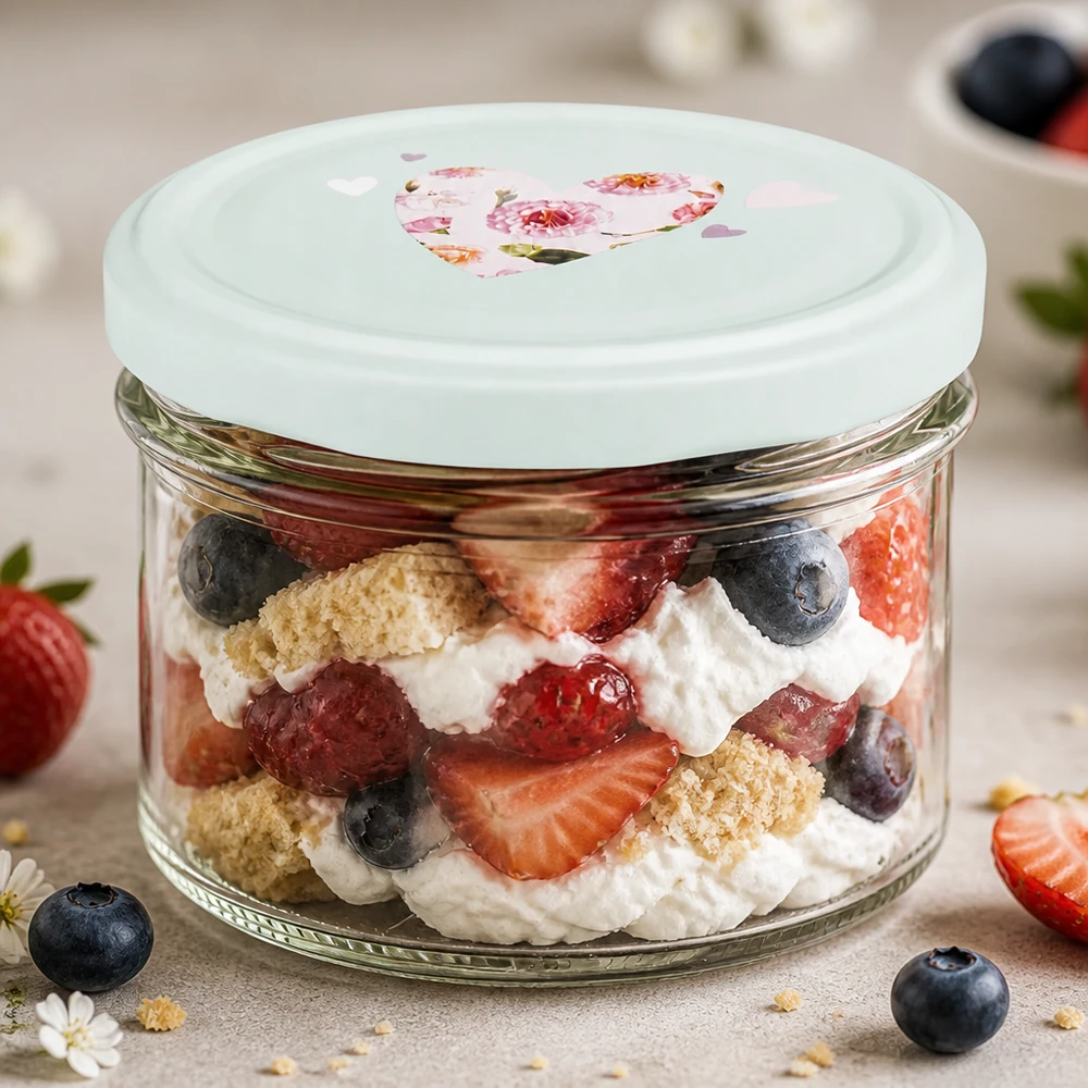 225ml Sturzglas + BasicSeal Deckel Herz mint UNiTWIST Sturzglas 225ml mit Schichtdessert aus Beeren und Sahne zeigt vielseitige Verwendung des mint BasicSeal Deckels