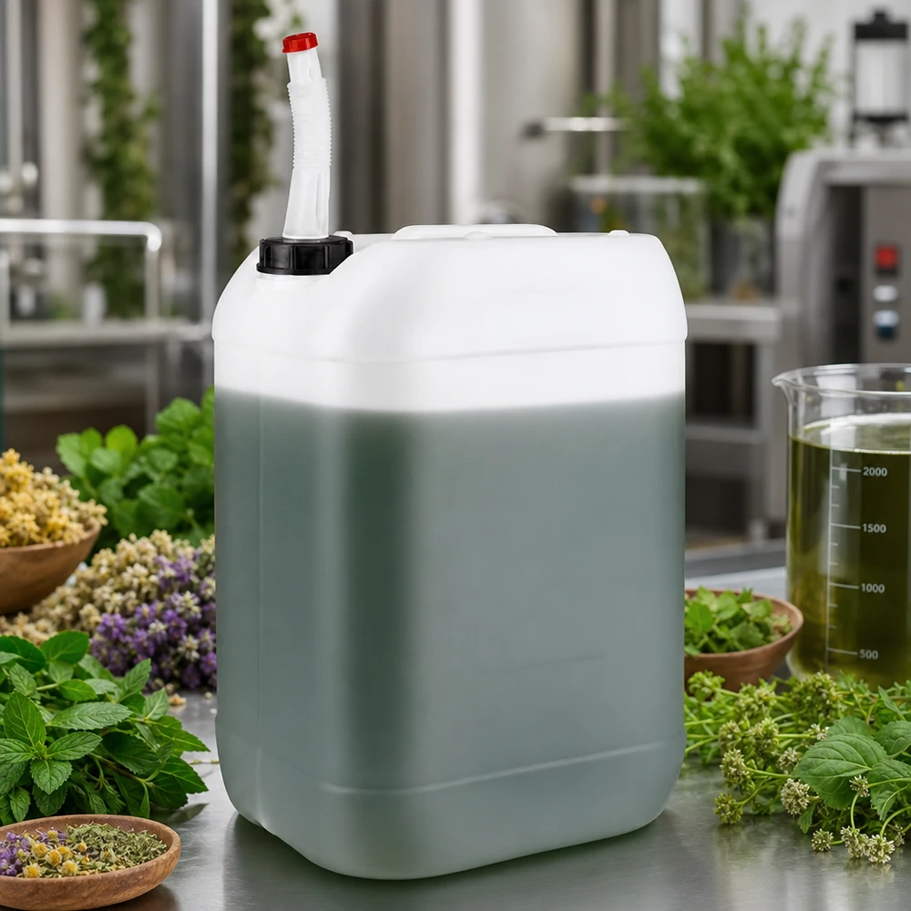 Bidon 25 litres avec tuyau d'écoulement Flex Bidon vert et blanc de 25 litres muni d'un bec verseur flexible, entouré d'herbes fraîches et de plantes médicinales