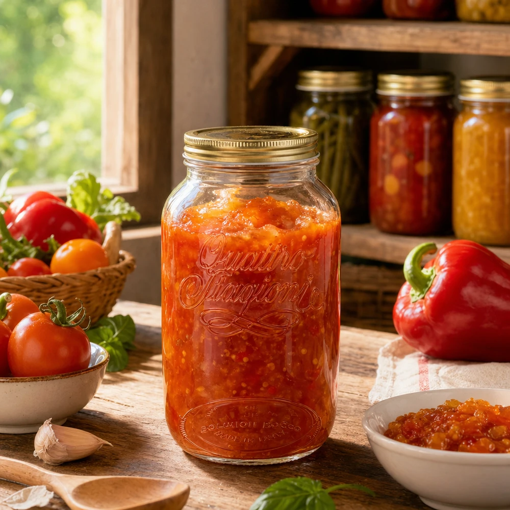 Quattro Stagioni 3800ml Rundglas mit Tomatensauce gefüllt neben frischen Tomaten und Paprika Einmachen Konservierung