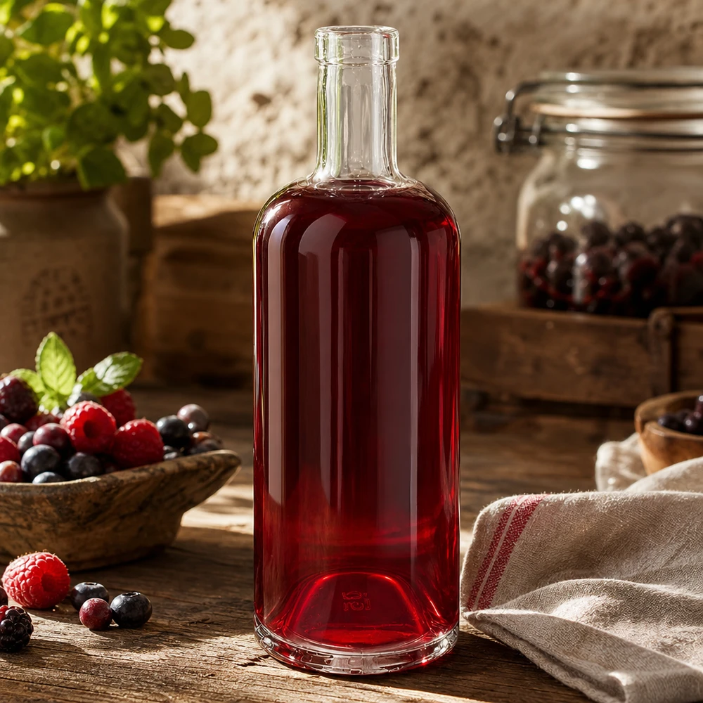 Bottiglia di vetro da 750 ml di Emma riempita di succo di bacche rosse circondata da bacche fresche e da una decorazione rustica per la cucina