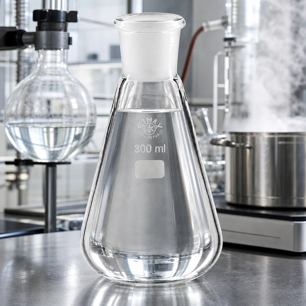 Beuta da 300 ml con giunto standard rettificato (29/32) Beuta da 300 ml con campo di etichettatura smerigliato e giunto standard rettificato 29/32 per l'etichettatura dei campioni.