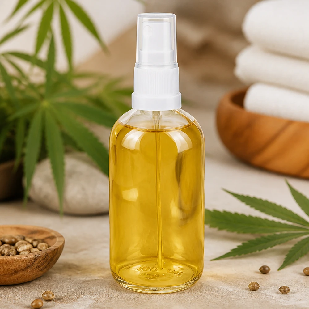 Olio di canapa in flacone di vetro da 100 ml con erogatore a spruzzo bianco ClearLine UT18 - Confezione per cosmetici naturali