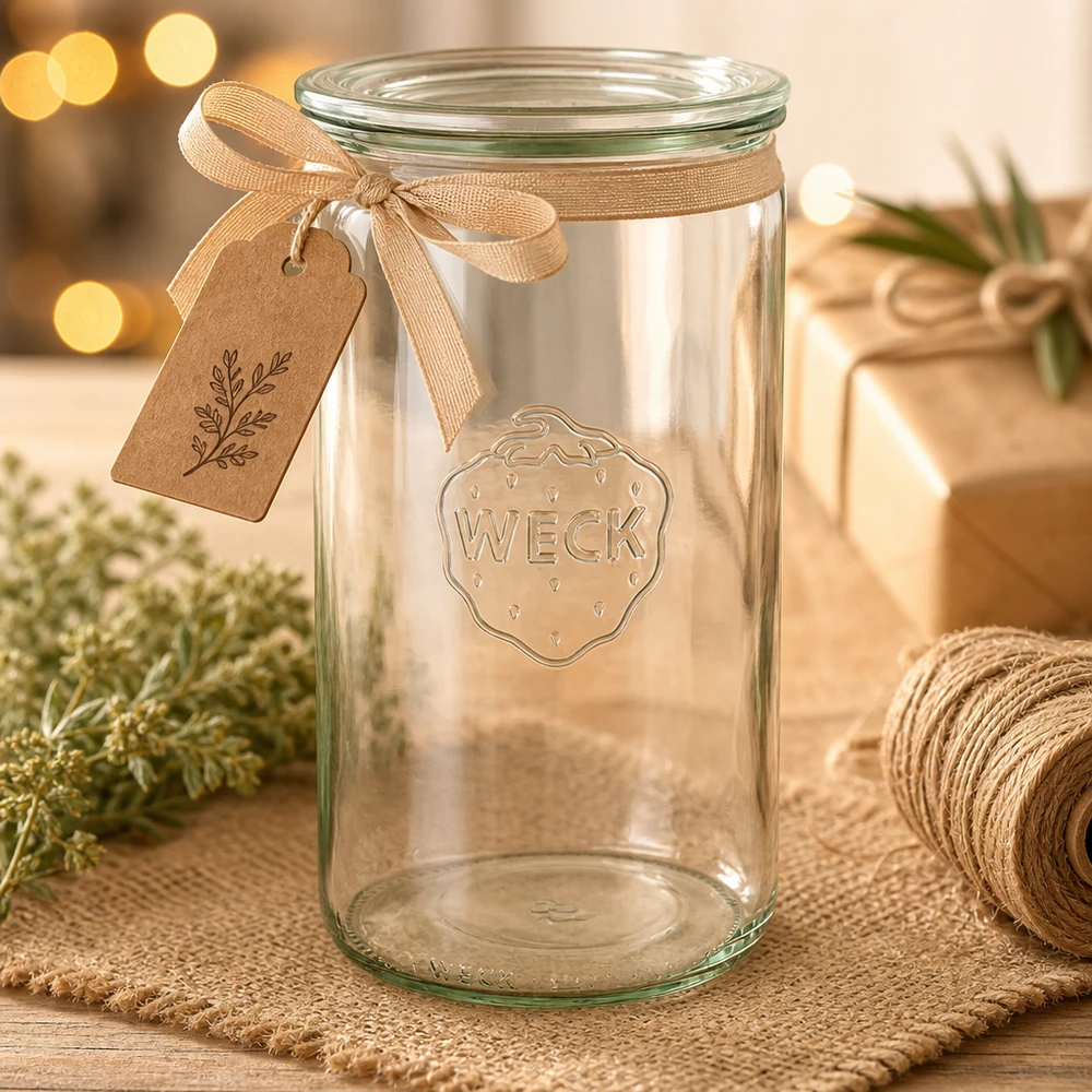 Vaso cilindrico da 1590 ml con coperchio in vetro WECK RR100 Vaso cilindrico WECK 1590ml RR100 vuoto con nastro regalo marrone e ciondolo decorato per Natale su un tavolo di legno