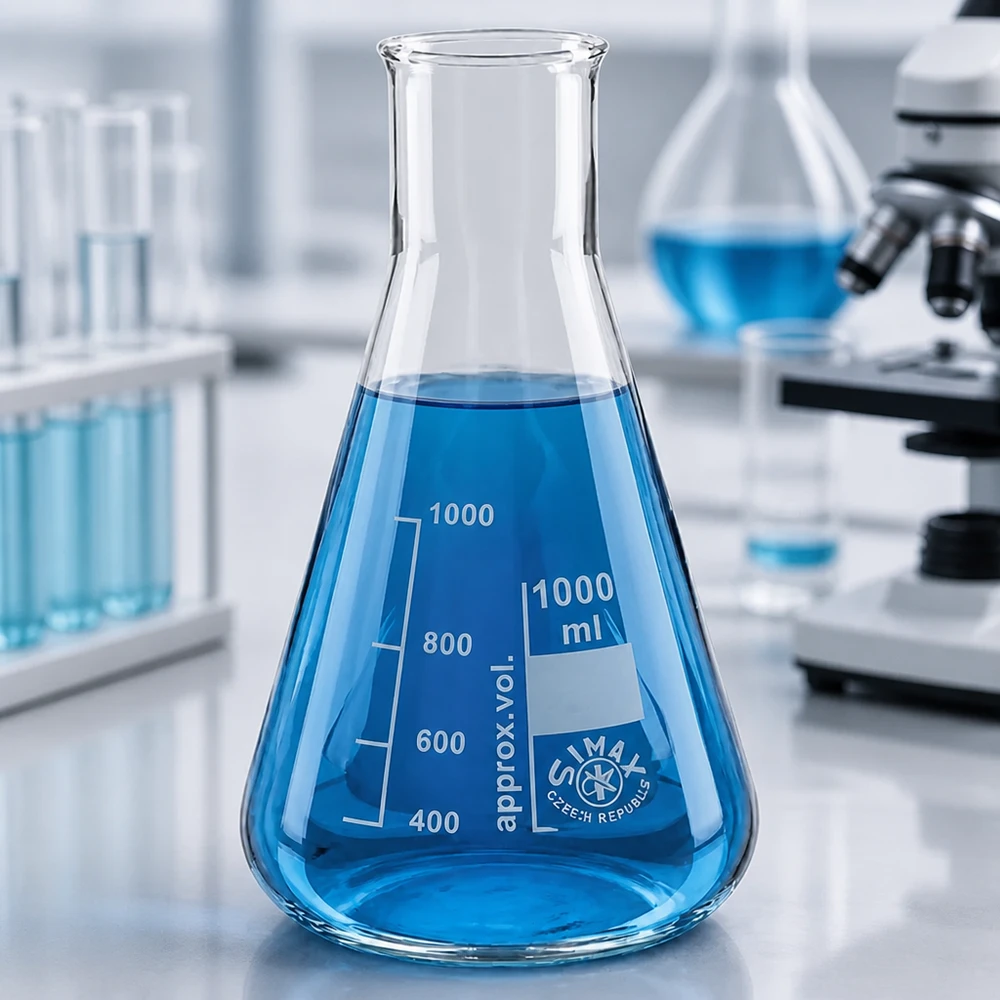 Beuta compatta da 100 ml a collo largo, ideale per piccole quantità di campioni nel laboratorio scolastico.