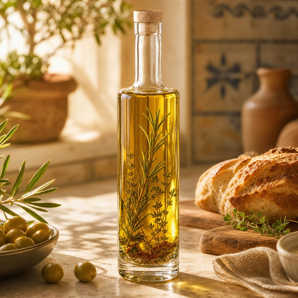 Bottiglia in vetro da 500 ml Lina con tappo in sughero con impugnatura in legno UNiTWIST® 500ml Glasflasche Lina mit Holzkorken gefüllt mit Kräuteröl mediterrane Küche Oliven Brot rustikale Atmosphäre