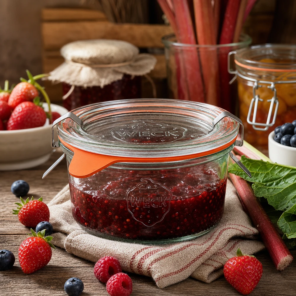 165ml Sturzglas komplett WECK RR80 WECK Sturzglas 165ml RR80 gefüllt mit Beerenmarmelade umgeben von frischen Erdbeeren und Heidelbeeren auf Holztisch