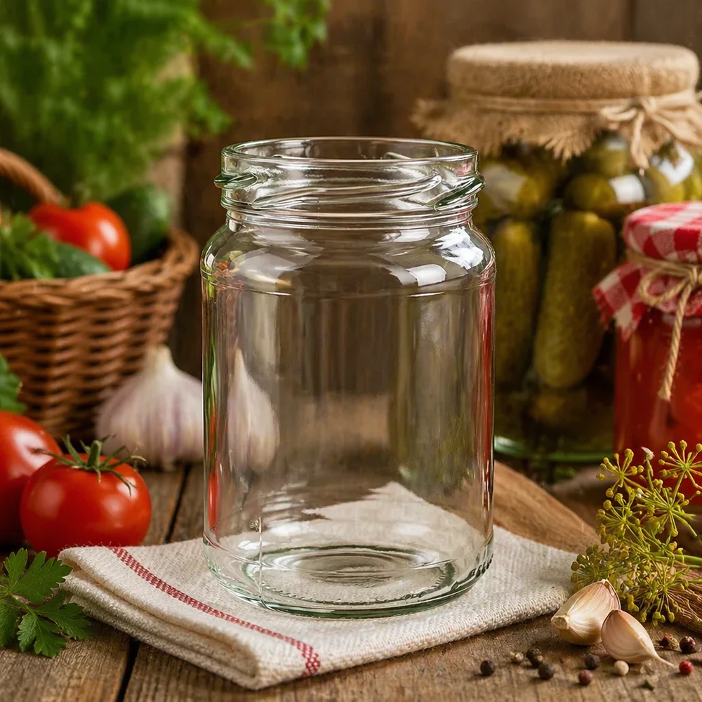 UNiTWIST Runda205 barattolo rotondo 205ml TO58 barattolo per conserve vuoto sul tavolo della cucina con verdure ed erbe sullo sfondo