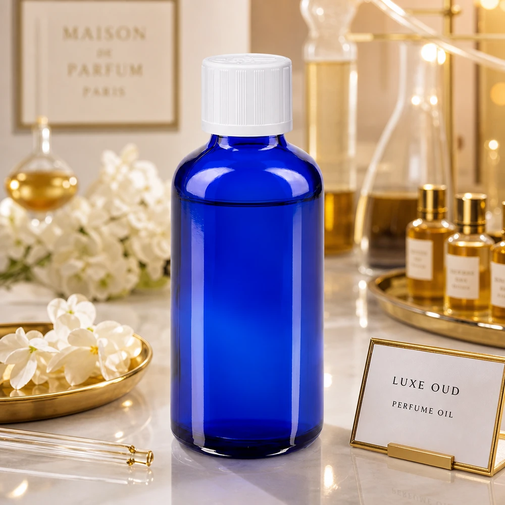 Apothekenflasche blau 50ml Schraubverschluss weiß Kindersicherung Standard Blaue Apothekerflasche 50ml mit UV-Schutz-Glas und Kindersicherheitsverschluss in Weiß
