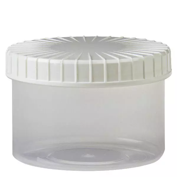 Pot en plastique transparent 250 ml + couvercle à vis blanc strié en PE, fermeture standard Pot en plastique transparent 250 ml + couvercle à vis blanc strié en PE, fermeture standard