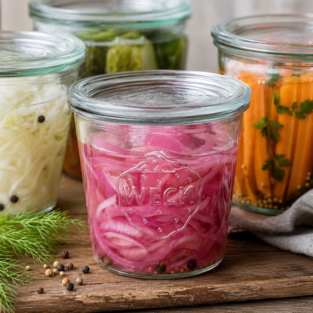 Bocal en verre de 580 ml avec couvercle en verre WECK RR100 WECK Sturzglas 580ml mit eingelegtem Gemüse und Gewürzen gefüllt als Fermentierung Beispiel neben Dill